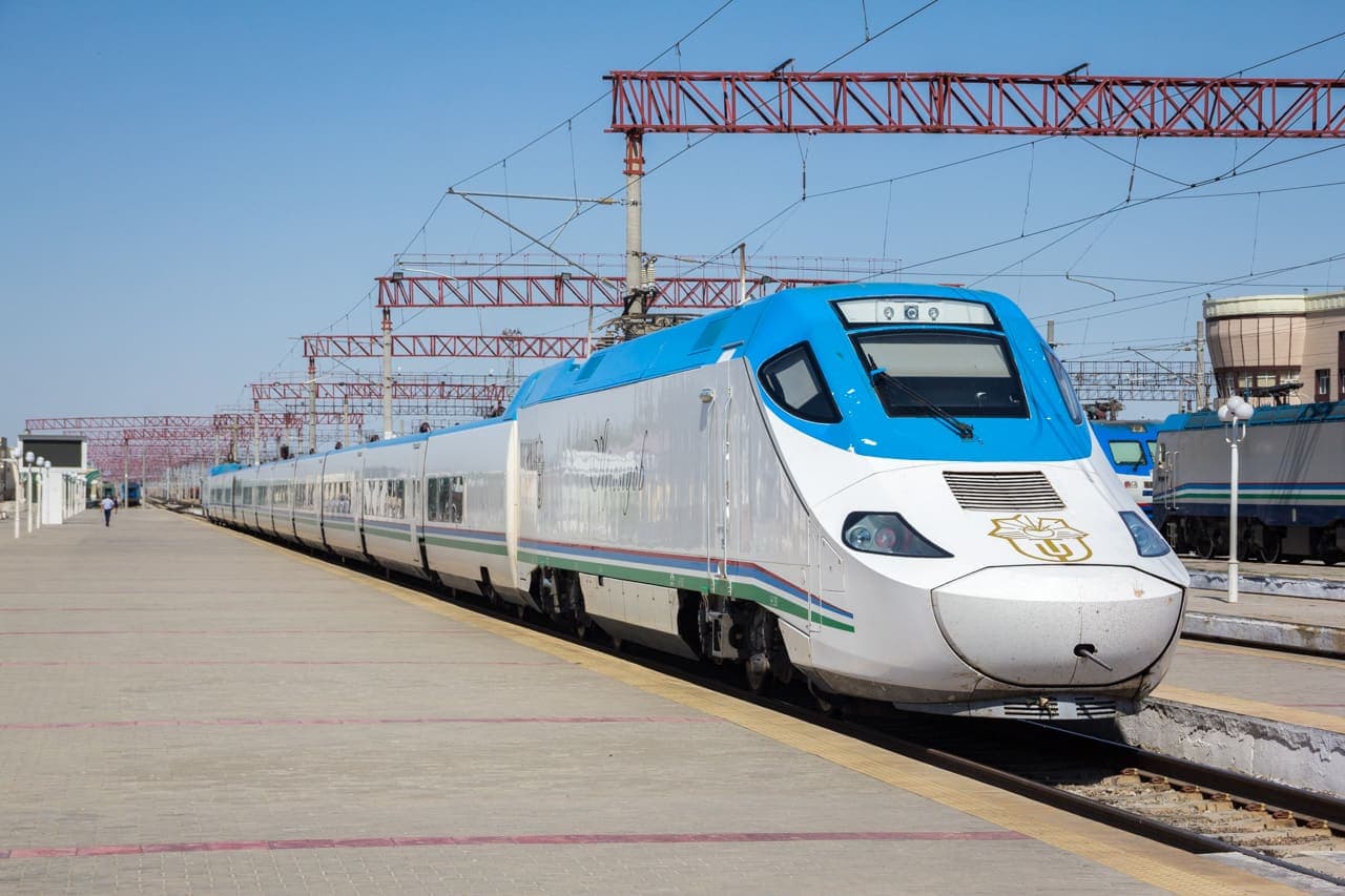An Afrosiyob high-speed train at Bukhara station
