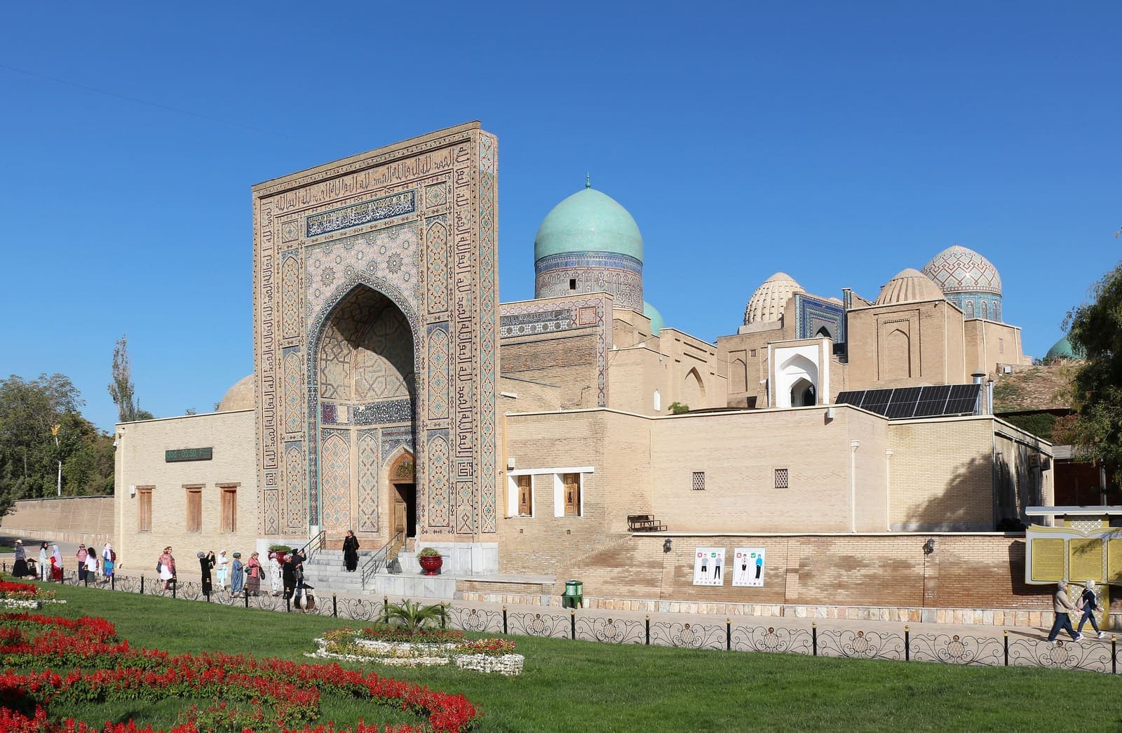 The Shah-i-Zinda necropolis in Samarkand under a blue sky
